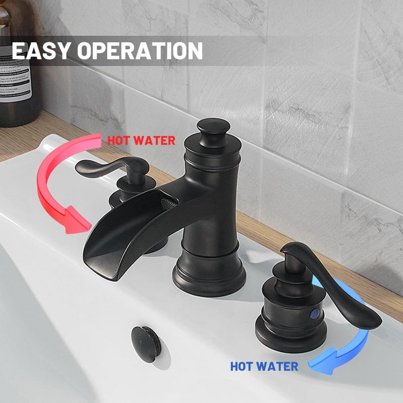 Homevacious 8 inch Widespread Bathroom Faucet 3 Hole 2 Handle Black Farmhouse Waterfall Bathroom Sink Faucet with Pop Up Drain Sink Vanity Basin Mixer Tap with Overflow Lavatory Supply Line by Homevacious - Image 3